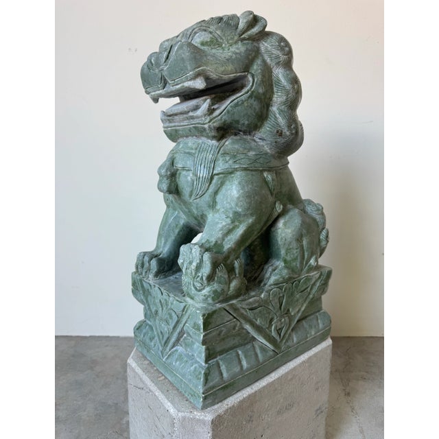 Abstract Pair of Large Vintage Chinese Green Soapstone Foo Dog Guardian Sculptures For Sale - Image 3 of 12