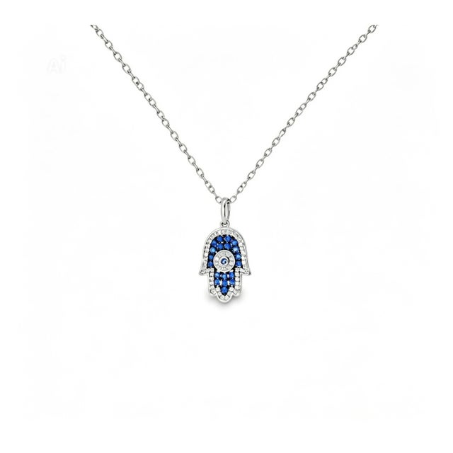 Traditional Late 20th Century 14K White Gold Hamsa Sapphire Diamond Pendant Estate For Sale - Image 3 of 3