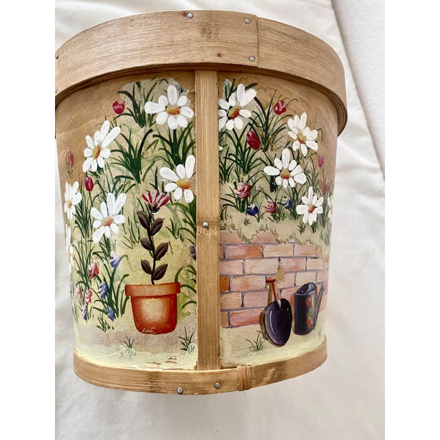 Wood Vintage Indoor Wooden Folk Art Country Cottage Farmhouse Motif Hand-Painted Planter/Basket/Bucket For Sale - Image 7 of 18