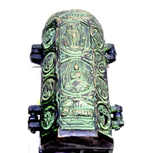 Vintage Mid-Century Tibetan Folding Buddhist Triptych Shrine Altar Cast Bronze-Verdigris For Sale - Image 10 of 10