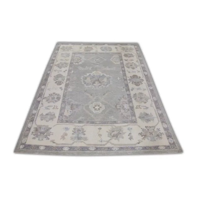 Turkish Oushak Runner Rug Gray & Blue Handwoven Rug 4'11" X 6'10" Elevate your living space with this exquisite modern...