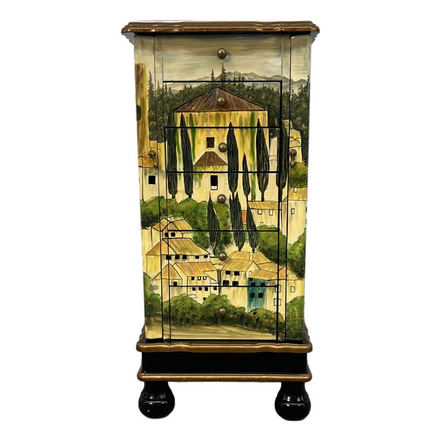Vintage Hand-Painted Tuscan-Style Jewelry Tower Cabinet For Sale