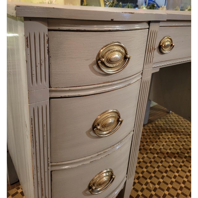 Mid 20th Century Chippendale Mahogany Double Pedestal Writing Desk With Blue-Gray Distressed Finish For Sale In Baltimore - Image 6 of 9