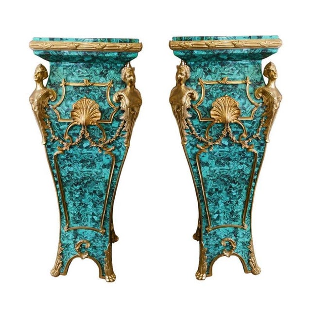 Gemstone Louis XVI Revival Faux Malachite Pedestal Stands, Set of 2 For Sale - Image 7 of 7