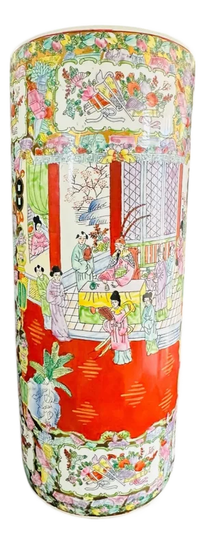 Vintage 1980s Chinese Rose Medallion Porcelain Umbrella Stand | Famille Rose Chinoiserie Entryway Decor | Gilt Floral Floor Vase