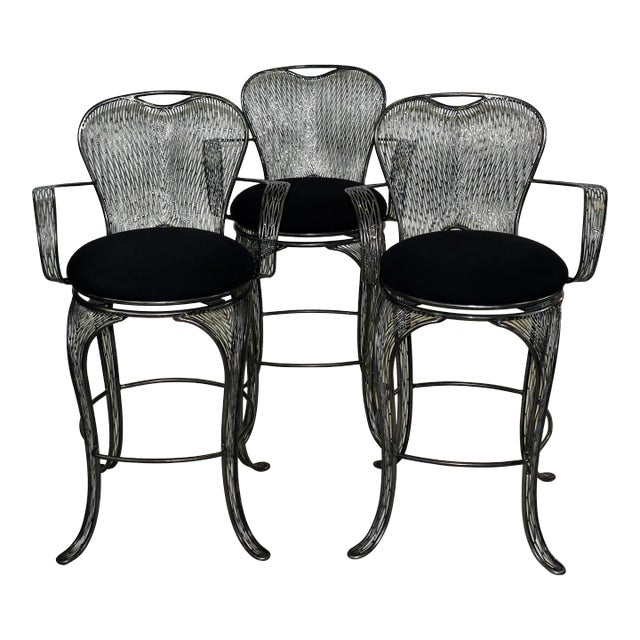 2000s Custom Highly Polished Wrought Iron Swivel Highchairs or Barstools Detailed Iron Work- Set of 3 For Sale
