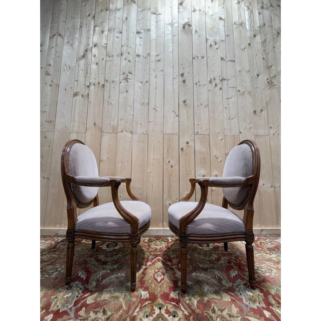 Textile Louis XVI Cabriolet Armchairs with Medallion Backs, 1950s, Set of 2 For Sale - Image 7 of 8