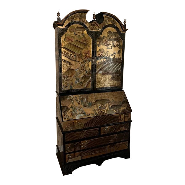 Hand-Painted Vintage Chinoiserie Village Scene Secretary Desk & Bookcase For Sale