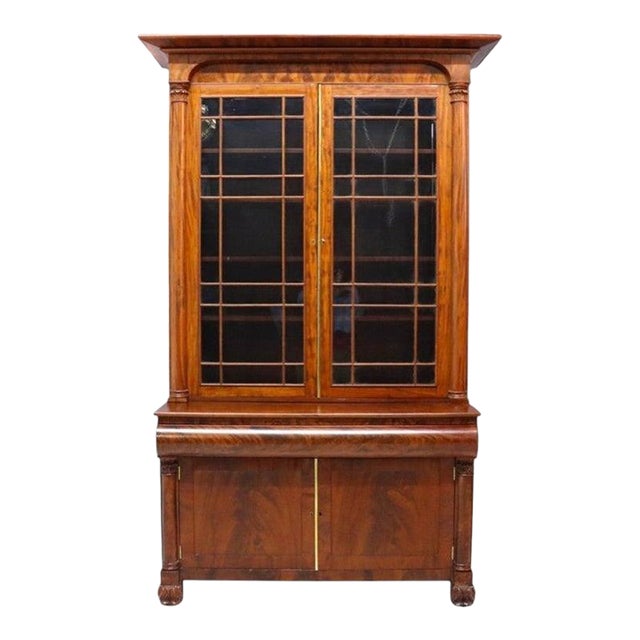 Classical American Empire Step Back Cupboard With Mullioned Doors C1840 For Sale