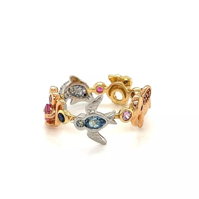 Late 20th Century Animal Diamond Multicolor Gems Platinum & 18k Gold Band Ring - Size 7.5 For Sale - Image 5 of 8