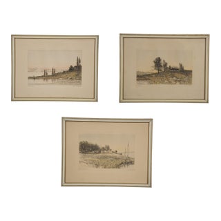 3 Antique Nan Lindahl Mariners Haven Hillside Cove Sailboat Harbor Etchings 13" For Sale