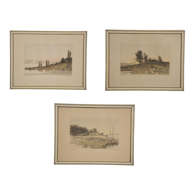 3 Antique Nan Lindahl Mariners Haven Hillside Cove Sailboat Harbor Etchings 13" For Sale
