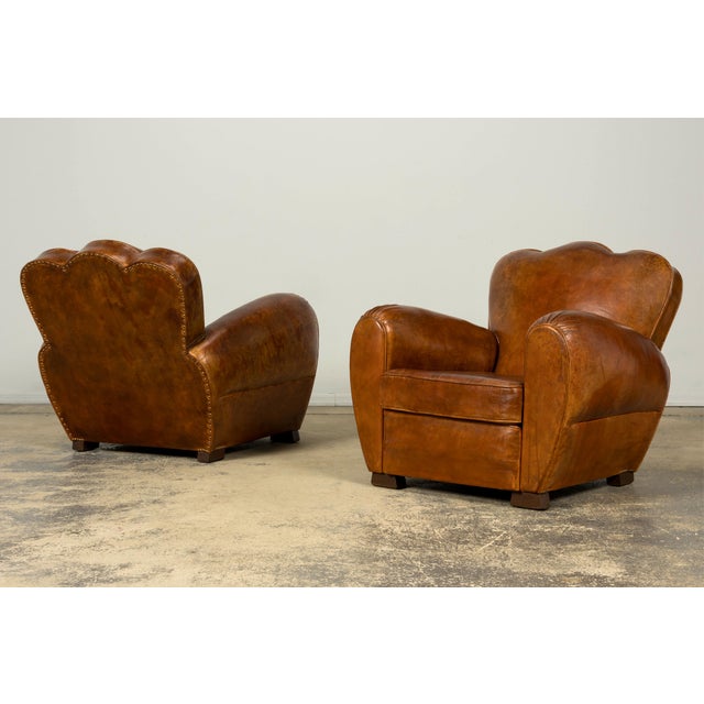 Brown 1930s French Art Deco Scalloped Back Cognac Leather Club Chairs, Pair For Sale - Image 8 of 18