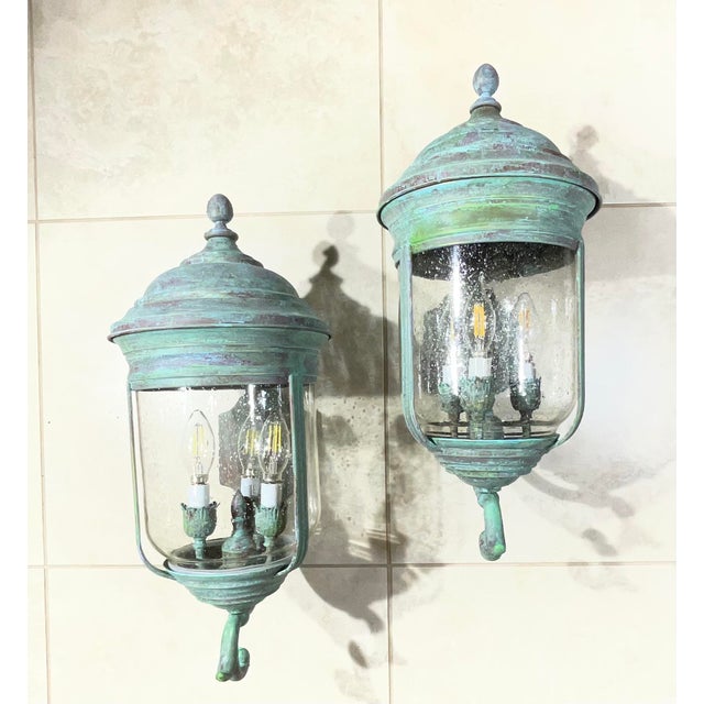Pair of Vintage Solid Brass Wall Lanterns /Sconces 22”x10”x11”.5 For Sale - Image 13 of 16