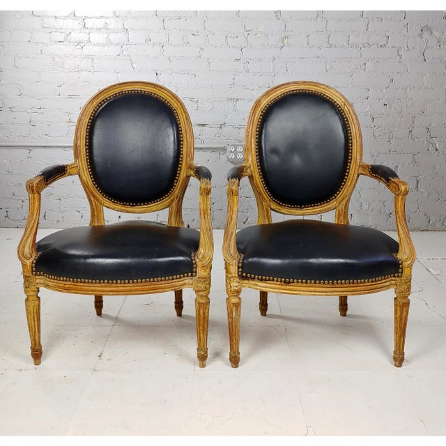 18th century original French Chairs Black leather Upholstered -a Pair circa 1780s size 23 x 19 x 34" seat height 15" A...