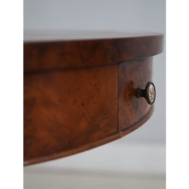 Round Burl Walnut & Mahogany 1 Drawer Pedestal Table For Sale - Image 14 of 17