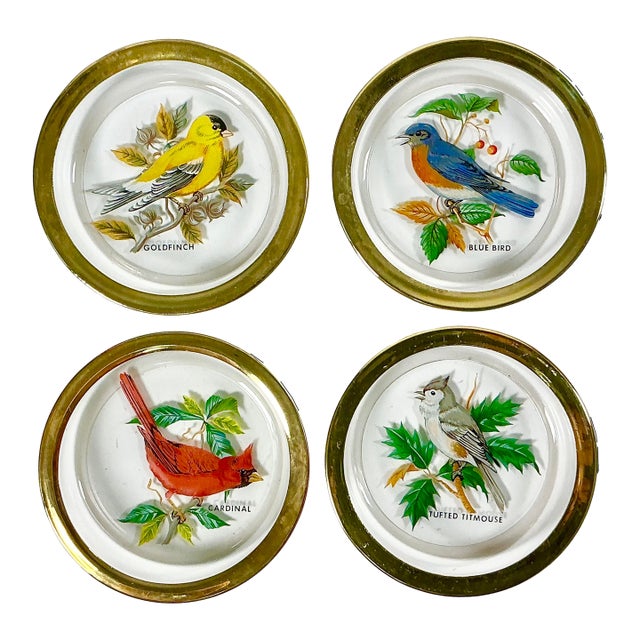 1980s Vintage Chippendale Hollywood Regency Crystal Coasters With Birds - Set of 4 For Sale