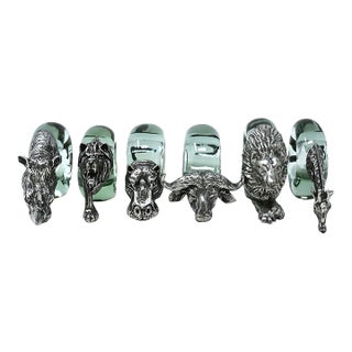 Vintage Makoulpa Safari Napkin Rings Set of 6 | Recycled Ngwenya Glass & Pewter African Wildlife Animals | Sustainable Ethical Nature Gift For Sale
