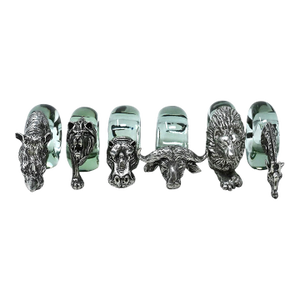 Vintage Makoulpa Safari Napkin Rings Set of 6 | Recycled Ngwenya Glass & Pewter African Wildlife Animals | Sustainable Ethical Nature Gift