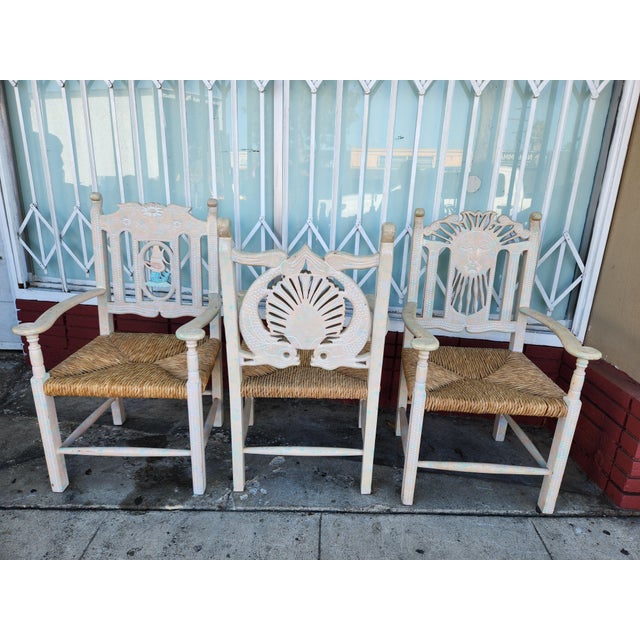 Set of 6 Vintage Carved Nautical and Celestial Armchairs With Rush Seats For Sale In Los Angeles - Image 6 of 10
