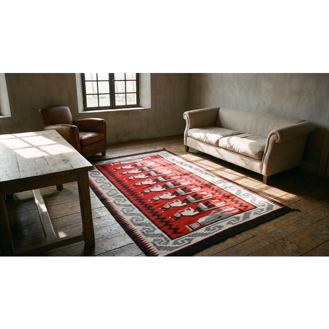 Mid 20th Century 1940s Red Gray Figural Vintage Zapotec Mexico Yei Rug 4' 7" X 7' 7" Handmade Wool Carpet For Sale - Image 5 of 7