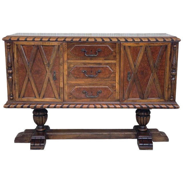 20th Century French Walnut Buffet With Two Doors and Three Central Drawers For Sale