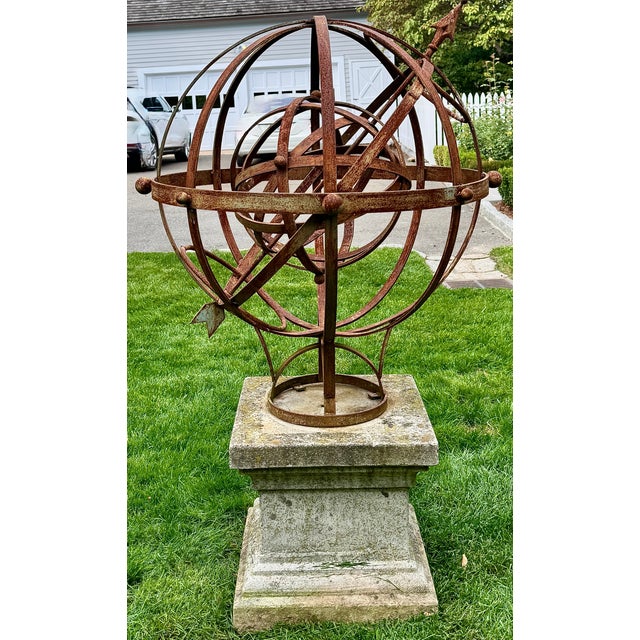 Large Rotating Iron Armillary on Stone Plinth, English Garden Sculpture ...