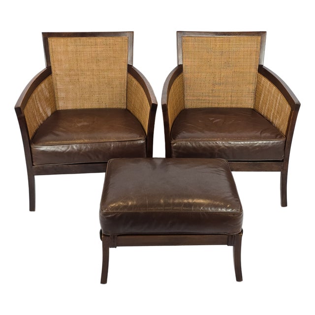 Crate & Barrel "Blake" Leather Chairs and Ottoman For Sale