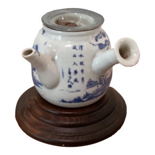 Antique Japanese Kyushu Side-Handle Porcelain Teapot/ Shanshui Scene and Calligraphy Surguch Stamp Wood Base For Sale