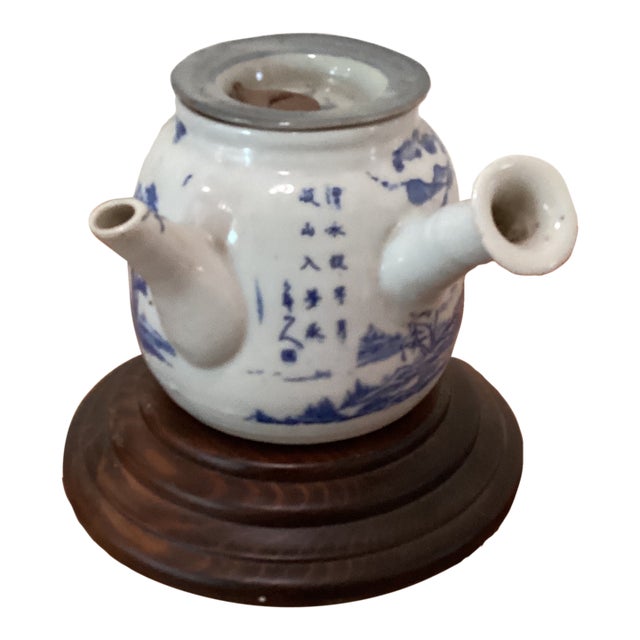 Antique Japanese Kyushu Side-Handle Porcelain Teapot/ Shanshui Scene and Calligraphy Surguch Stamp Wood Base For Sale
