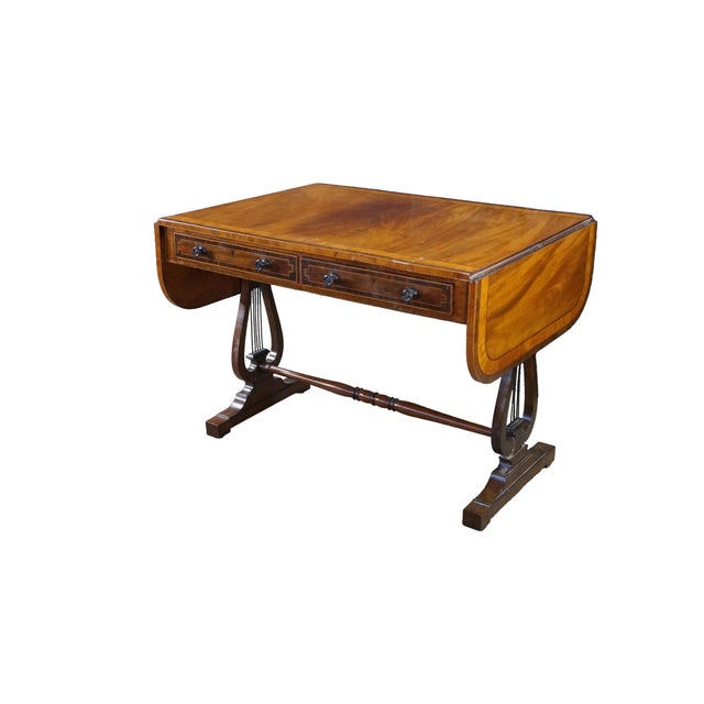 Victorian Antique Early 19th C. Regency Flame Mahogany Lyre Base Drop Leaf Sofa Table Desk For Sale - Image 3 of 16