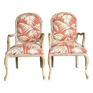 Vintage Regency Faux Bois Fauteuils in Quadrille “Martinique Reverse” - A Pair For Sale