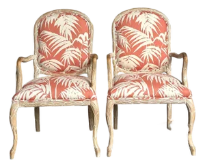 Vintage Regency Faux Bois Fauteuils in Quadrille “Martinique Reverse” - A Pair