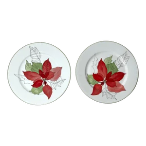1980s Block Spal Poinsettia Salad Plates - Set of 2, Watercolors, Red Poinsettia by Goertzen, Green Trim
