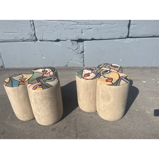 Modern Pair of Designer Poufs, Stools, Ottomans, Patchwork Fabric, Italy, Picasso For Sale - Image 3 of 15