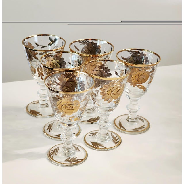 1960s Set of 6 24k Gold Encrusted Crystal Cordial Shot Stem Barware Set For Sale - Image 9 of 13
