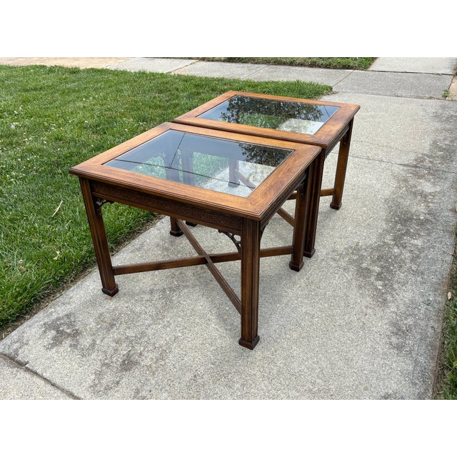 Brown 1970s Pair Glass Top Side Tables With Fretwork For Sale - Image 8 of 10