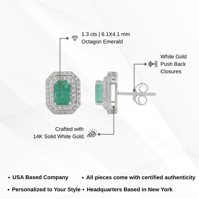 1.3Ct Emerald and Diamond Double Halo Stud Earrings in 14k Gold- A Pair For Sale - Image 13 of 16