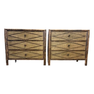 Burnt Bamboo 3 Drawers Cane Rattan Dressers - A Pair For Sale