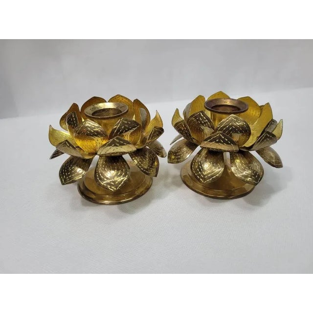 Brass Mid Century Lotus Brass Candle Holders - a Pair For Sale - Image 8 of 11