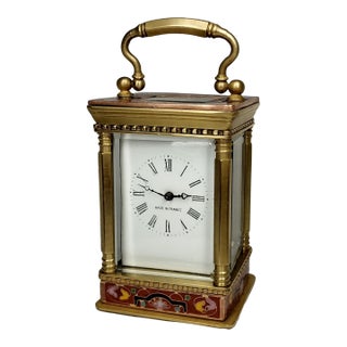 19th Century Small French Travel Brass and Cloisonné Enamel Carriage Clock Officer Watch For Sale