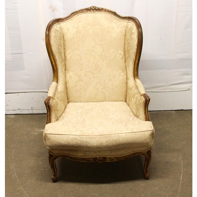 Traditional Antique Carved Wood Stuffed Wing Back Chair For Sale - Image 3 of 9