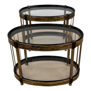 1970's Pair of Acid Etched Brass Side Tables Attributed to Bernhard Rohne for Mastercraft, a Pair For Sale