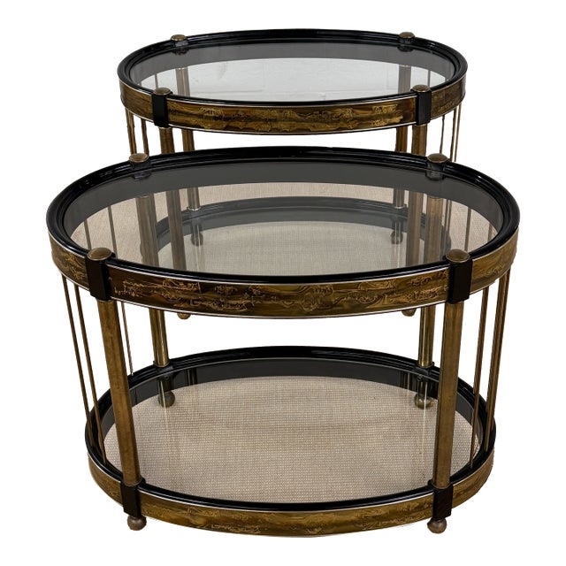 1970's Pair of Acid Etched Brass Side Tables Attributed to Bernhard Rohne for Mastercraft, a Pair For Sale