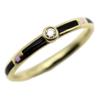 1990s 18k Gold Black and Pink Enameled Ring With Diamond Accent, Size 6.5 For Sale