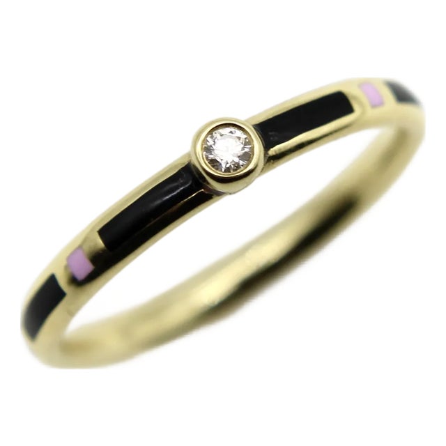 1990s 18k Gold Black and Pink Enameled Ring With Diamond Accent, Size 6.5 For Sale