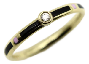 1990s 18k Gold Black and Pink Enameled Ring With Diamond Accent, Size 6.5