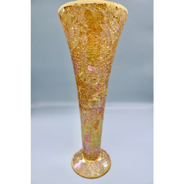 A striking trumpet-form vase built from individually applied glass tiles in champagne gold, with flecks of iridescent...