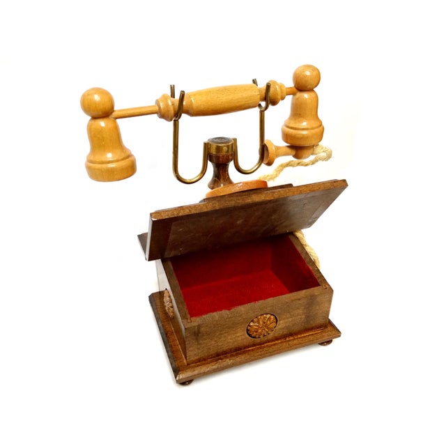 Vintage Hand-Carved French Style Wood Rotary Phone Style Trinket Jewelry Box For Sale - Image 6 of 6