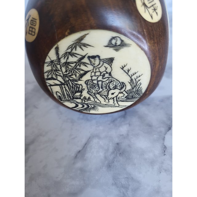 Bone Antique Chinese Scrimshaw Inlaid Rosewood Fortune Zodiac Cube For Sale - Image 7 of 10